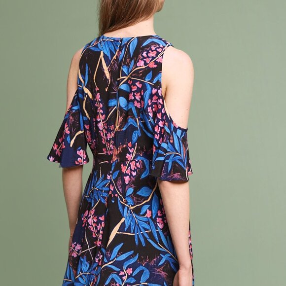 Anthropologie Maeve Elia Open Shoulder Navy Blue Floral Ruffle Sleeve Mini Dress - Picture 15 of 16